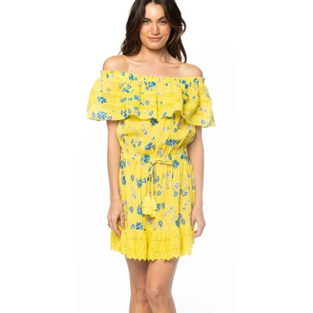 Tolani Collection Ridhi Mini Dress Lace Yellow Floral Print Off the Shoulder - M